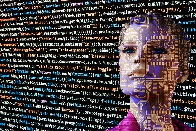 female robot with code layered over her representing AI