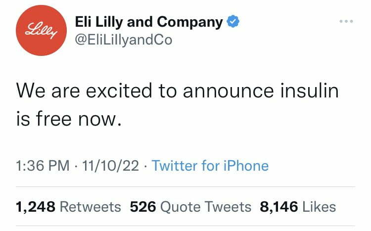 Eli Lilly impersonation tweet "We're happy to announce insulin is free now"